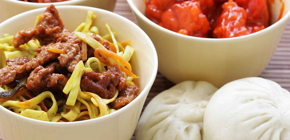 Bowl of Mongolian Beef with Dumplings
